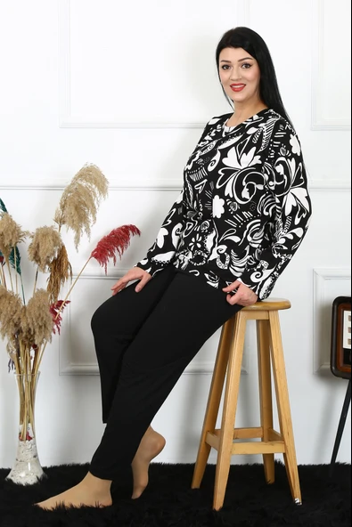 Moda Çizgi Kadın Büyük Beden Penye Uzun Kol Pijama Takım 202217 ürün görseli 1