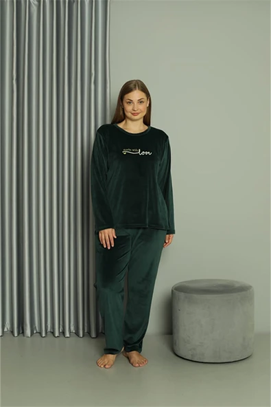 Moda Çizgi Büyük Beden Kadın Kadife Yeşil Pijama Takım 20628 ürün görseli 1