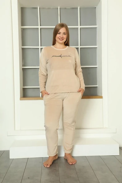 Moda Çizgi Büyük Beden Kadın Kadife Pijama Takım 9073 ürün görseli 1