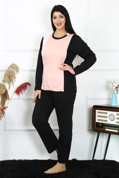 Moda Çizgi Kadın Büyük Beden Penye Uzun Kol Pijama Takım 202213 ürün görseli 1