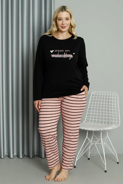 Moda Çizgi Kadın Büyük Beden Penye Uzun Kol Pijama Takım 202210 ürün görseli 1