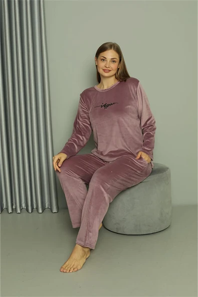 Moda Çizgi Büyük Beden Kadın Kadife Mor Pijama Takım 20628 ürün görseli 1