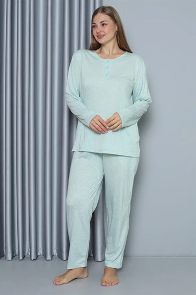 Moda Çizgi Kadın Büyük Beden Penye Uzun Kol Pijama Takım 202212 ürün görseli 1