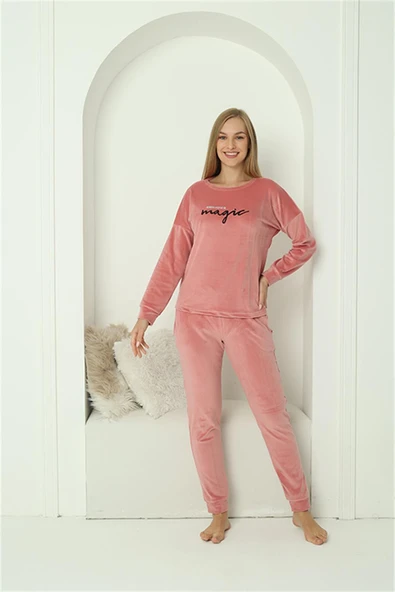 Moda Çizgi Kadın Kadife Pembe Pijama Takım 20624 ürün görseli 1