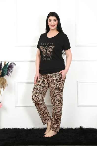Moda Çizgi Kadın Büyük Beden Kısa Kol Pijama Takım 202203 ürün görseli 1