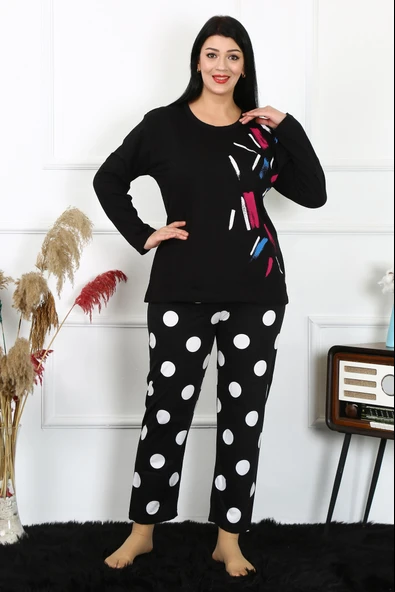 Moda Çizgi Kadın Büyük Beden Penye Uzun Kol Pijama Takım 202215 ürün görseli 1