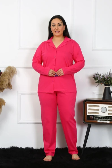 Moda Çizgi Kadın Büyük Beden Pamuklu Cepli Düğmeli Fuşya Pijama Takım 202401 ürün görseli 1