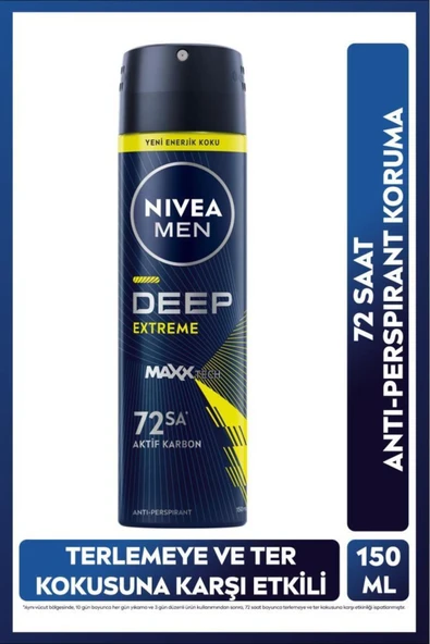 NIVEA Men Erkek Sprey Deodorant Deep Extreme 150ml, 72 Saat Anti-perspirant Ter Koruma, Yeni Enerjik ürün görseli 1
