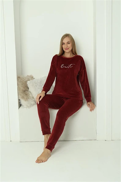 Moda Çizgi Kadın Kadife Bordo Pijama Takım 20624 ürün görseli 1