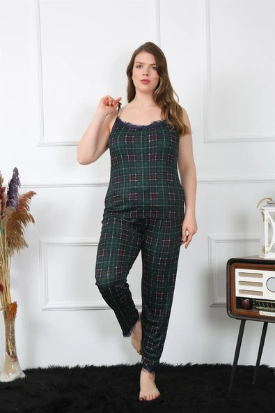 Moda Çizgi Kadın Büyük Beden Yeşil Ekoseli İp Askılı Pijama Takım 202197 ürün görseli 1