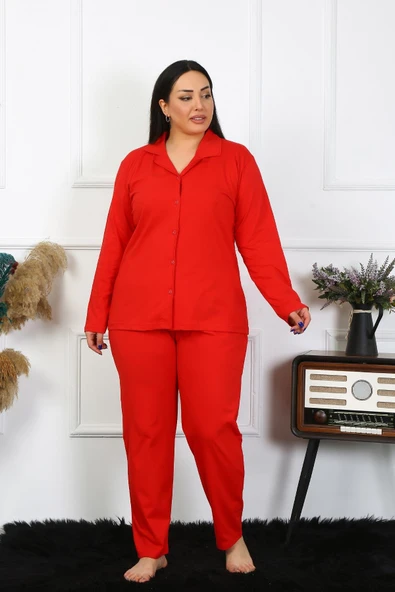 Moda Çizgi Kadın Büyük Beden Pamuklu Cepli Düğmeli Kırmızı Pijama Takım 202401 ürün görseli 1