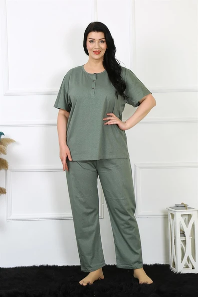 Moda Çizgi Kadın 5XL-6XL-7XL-8XL Büyük Beden Yeşil Kısa Kol Pijama Takım 75012 ürün görseli 1