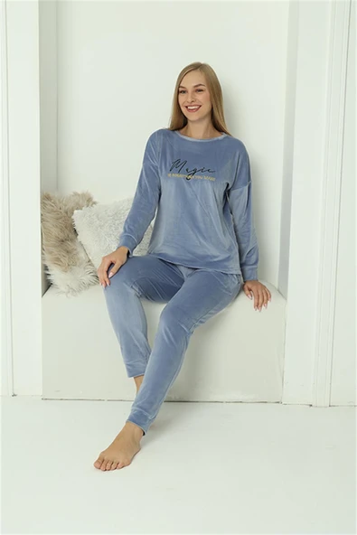 Moda Çizgi Kadın Kadife Mavi Pijama Takım 20624 ürün görseli 1