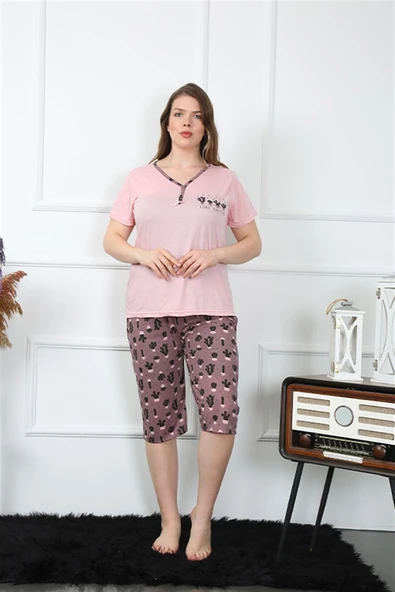 Moda Çizgi Kadın Büyük Beden Viscon  Kapri Pijama Takım 202202 ürün görseli 1