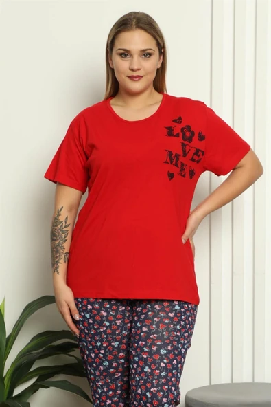 Moda Çizgi Kadın %100 Pamuk Kısa Kol Büyük Beden Pijama Takım 202144 ürün görseli 1