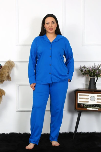 Moda Çizgi Kadın Büyük Beden Pamuklu Cepli Düğmeli Saks Pijama Takım 202401 ürün görseli 1