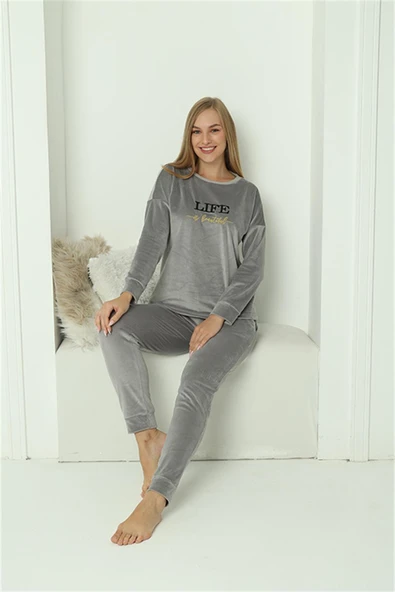 Moda Çizgi Kadın Kadife Gri Pijama Takım 20624 ürün görseli 1