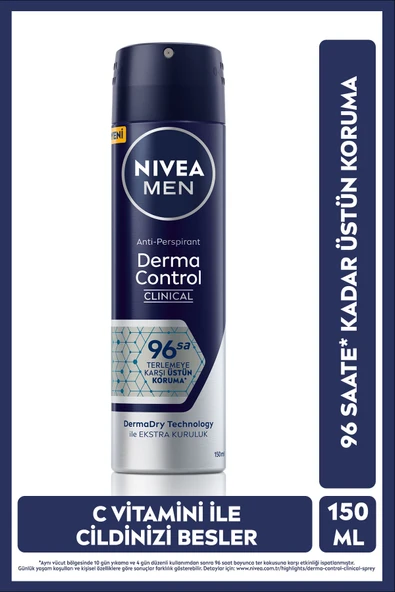 NIVEA MEN Erkek Sprey Deodorant Derma Control Clinical 150ml, 96 Saat Anti-perspirant Ter Koruması ürün görseli 1