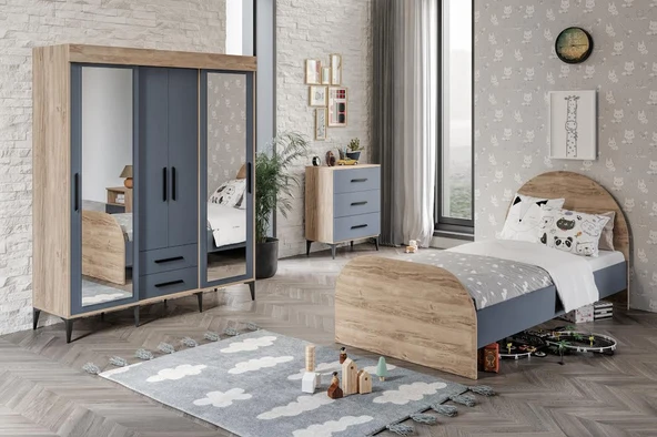 Afilli Izmir Çocuk Odası Takımı Tamamı Mdf Antrasit Ve Flora Aynalı ürün görseli 1