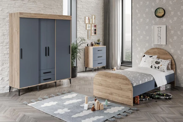 Afilli Izmir Çocuk Odası Takımı Tamamı Mdf Antrasit Ve Flora ürün görseli 1