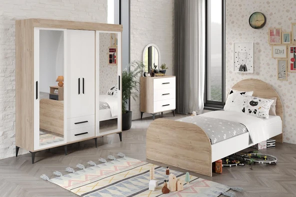 Afilli Ildır Çocuk Odası Takımı 3 Parça Tamamı Mdf Flora Beyaz Aynalı ürün görseli 1