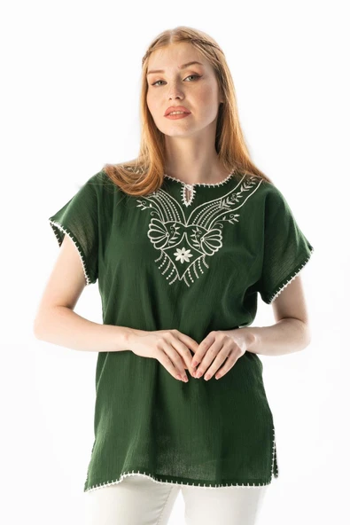 Kısa Kol Şile Bezi Naz Yazlık Bluz Yeşil Ysl XL Yeşil ürün görseli 1