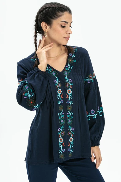 Uzun Kol Şile Bezi Ayşe Yazlık Bluz Lacivert Lcvt 3XL Lacivert ürün görseli 1