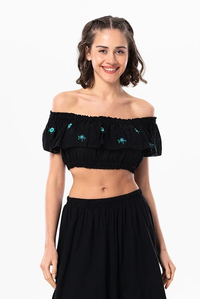 Lavinya Vual Lastik Detaylı Nakışlı Yazlık Crop Bluz Siyah Syh S/M Siyah ürün görseli 1