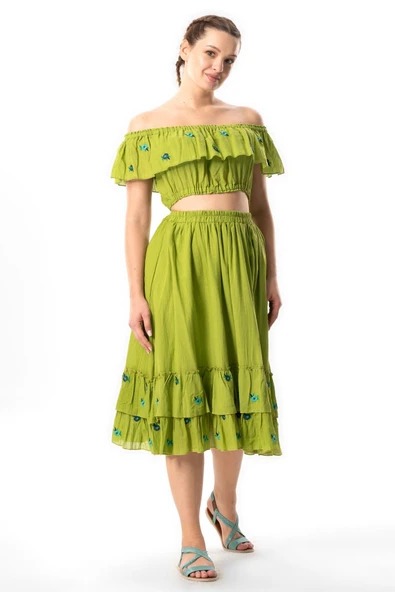 Lavinya Vual Lastik Detaylı Nakışlı Yazlık Crop Bluz Fıstık Yeşili fysl S/M Fıstık Yeşili ürün görseli 1