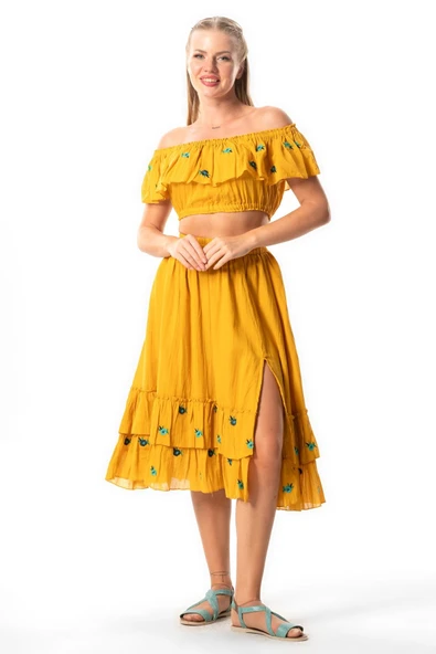 Lavinya Vual Lastik Detaylı Nakışlı Yazlık Crop Bluz Hardal Hrd S/M Hardal ürün görseli 1
