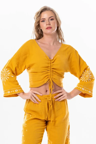 Uzun Kol Günışığı Büzgü Detaylı Yazlık Müslin Bluz Hardal Hrd L/XL Hardal ürün görseli 1