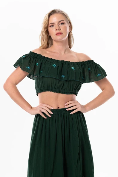 Lavinya Vual Lastik Detaylı Nakışlı Yazlık Crop Bluz Yeşil Ysl ürün görseli 1