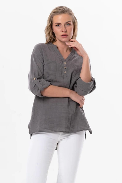 Uzun Kol Asu Yazlık Müslin Bluz Gri Gri L/XL Gri ürün görseli 1