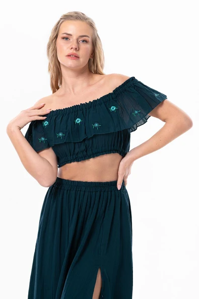 Lavinya Vual Lastik Detaylı Nakışlı Yazlık Crop Bluz Petrol Ptrl L/XL Petrol ürün görseli 1