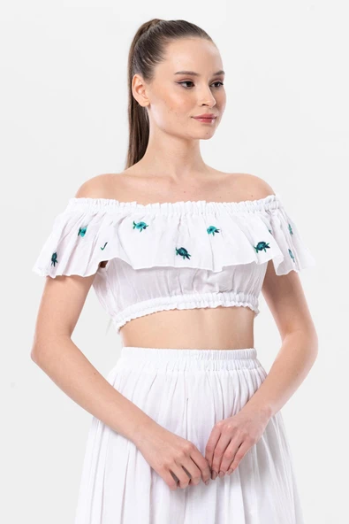 Lavinya Vual Lastik Detaylı Nakışlı Yazlık Crop Bluz Beyaz Byz S/M Beyaz ürün görseli 1