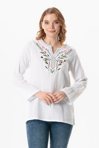 Uzun Kol Çiçek V Yaka Nakışlı Müslin Yazlık Bluz Beyaz Byz 2XL-3XL Beyaz ürün görseli 1