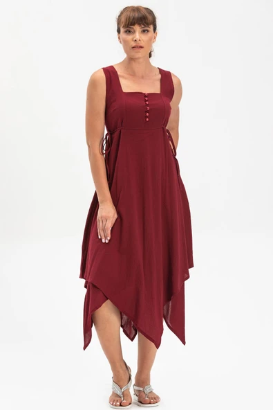 Kolsuz Şile Bezi Üçgen Katlı Midi Boy Yazlık Elbise Bordo Brd XL Bordo ürün görseli 1