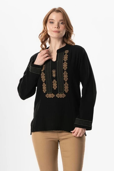 Uzun Kol İbiza Nakışlı Kadın Müslin Yazlık Tshirt Siyah Syh M Siyah ürün görseli 1