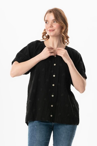 Kısa Kol V Yaka Venüs Düğmeli Müslin Yazlık Bluz Siyah Syh 4XL/5XL Siyah ürün görseli 1