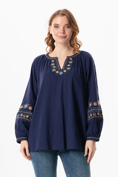 Uzun Kol Şile Bezi Gülruh V Yaka Nakışlı Bluz Mor Mor L/XL Mor ürün görseli 1