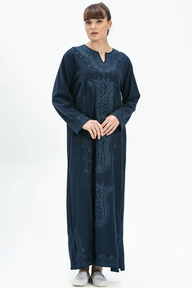 Uzun Kol Şile Bezi Simli Kaftan Midi Boy Yazlık Elbise Lacivert Lcvt XL Lacivert ürün görseli 1