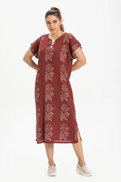 Kısa Kol Şile Bezi Baskılı Zambak Desen Midi Boy Yazlık Elbise Bordo Brd 2XL Bordo ürün görseli 1