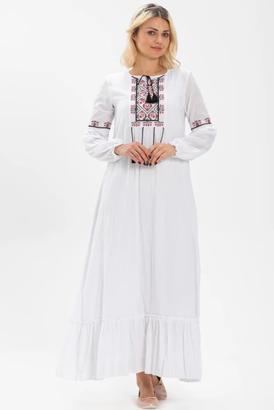 Uzun Kol Şile Bezi Seher Uzun Tesettür Elbise Beyaz Byz 2XL Beyaz ürün görseli 1