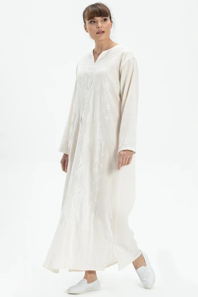 Uzun Kol Şile Bezi Simli Kaftan Midi Boy Yazlık Elbise Krem Krm ürün görseli 1