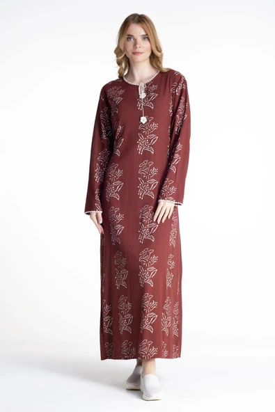 Uzun Kol Şile Bezi Baskılı Uzun Zambak Desen Yazlık Elbise Bordo Brd 2XL Bordo ürün görseli 1