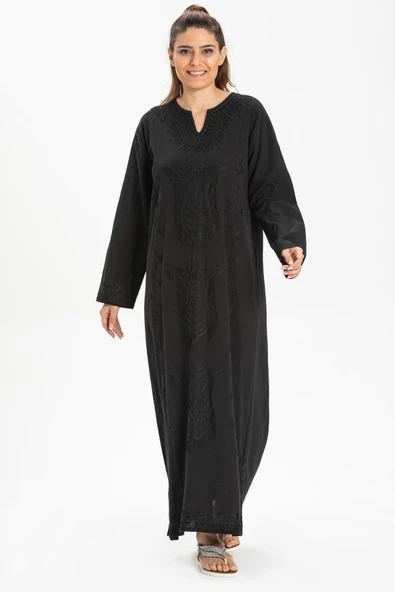 Uzun Kol Şile Bezi Simli Kaftan Midi Boy Yazlık Elbise Siyah Syh 3XL Siyah ürün görseli 1
