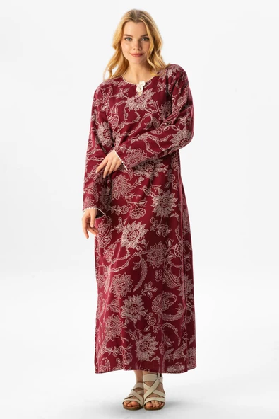 Uzun Kol Şile Bezi Baskılı Uzun Yazlık Elbise Çınar Desen Bordo Brd 2XL Bordo ürün görseli 1