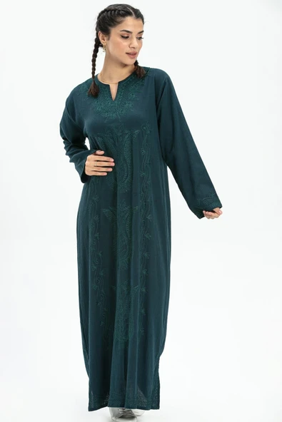 Uzun Kol Şile Bezi Simli Kaftan Midi Boy Yazlık Elbise Petrol Ptrl XL Petrol ürün görseli 1