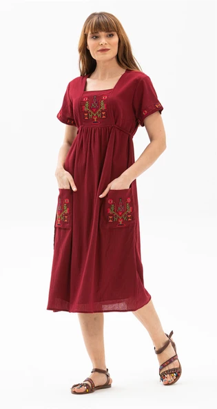Kısa Kol Şile Bezi Melek Midi Boy Yazlık Otantik Elbise Bordo Brd XL Bordo ürün görseli 1