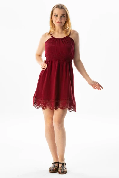 Askılı Şile Bezi Örgülü Mini Yazlık Elbise Bordo Brd M Bordo ürün görseli 1
